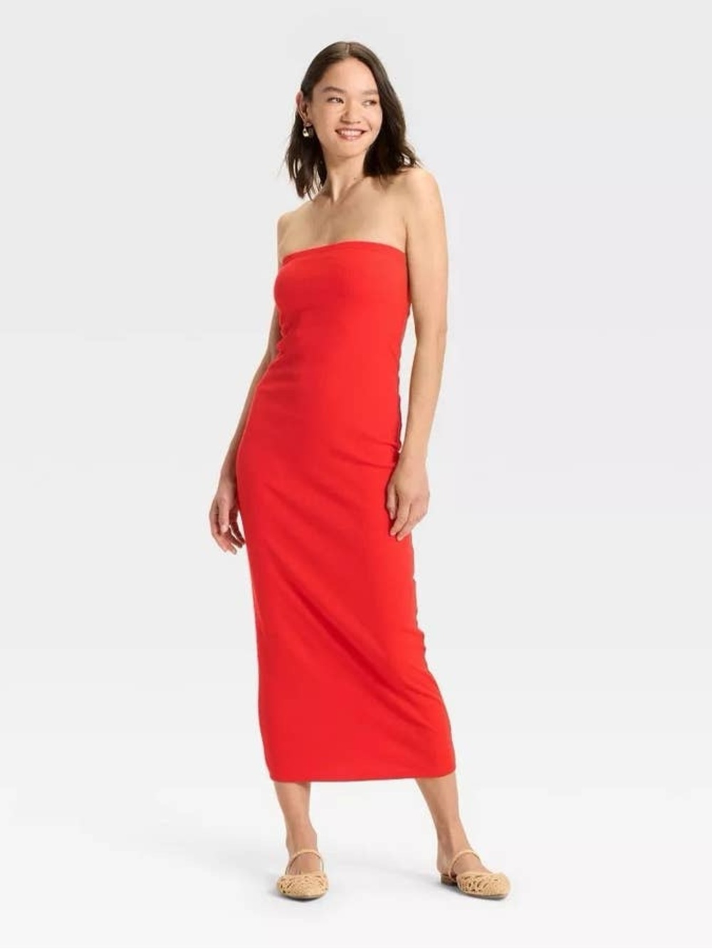 A New Day Red Strapless Tube Maxi Dress Knit Bodycon Minimalist